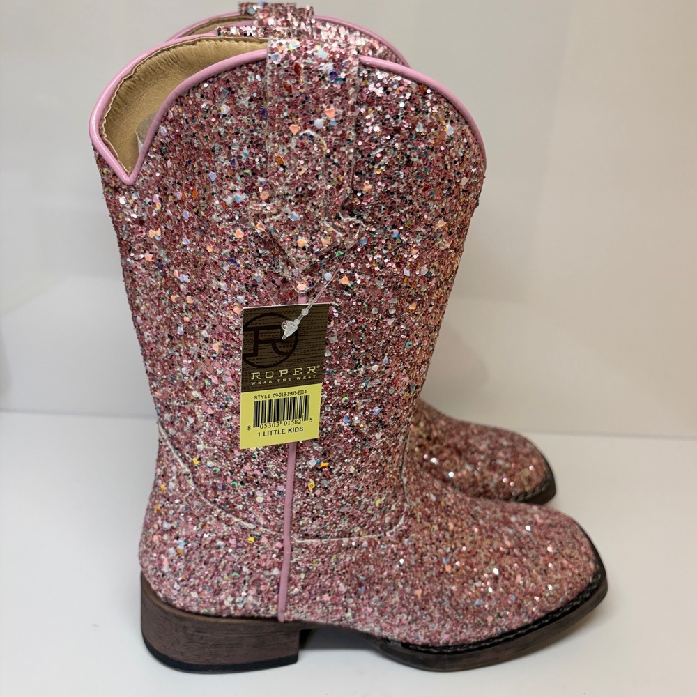 Roper Girls Size 1 Pink Glitter Square Toe Western Cowboy Boots